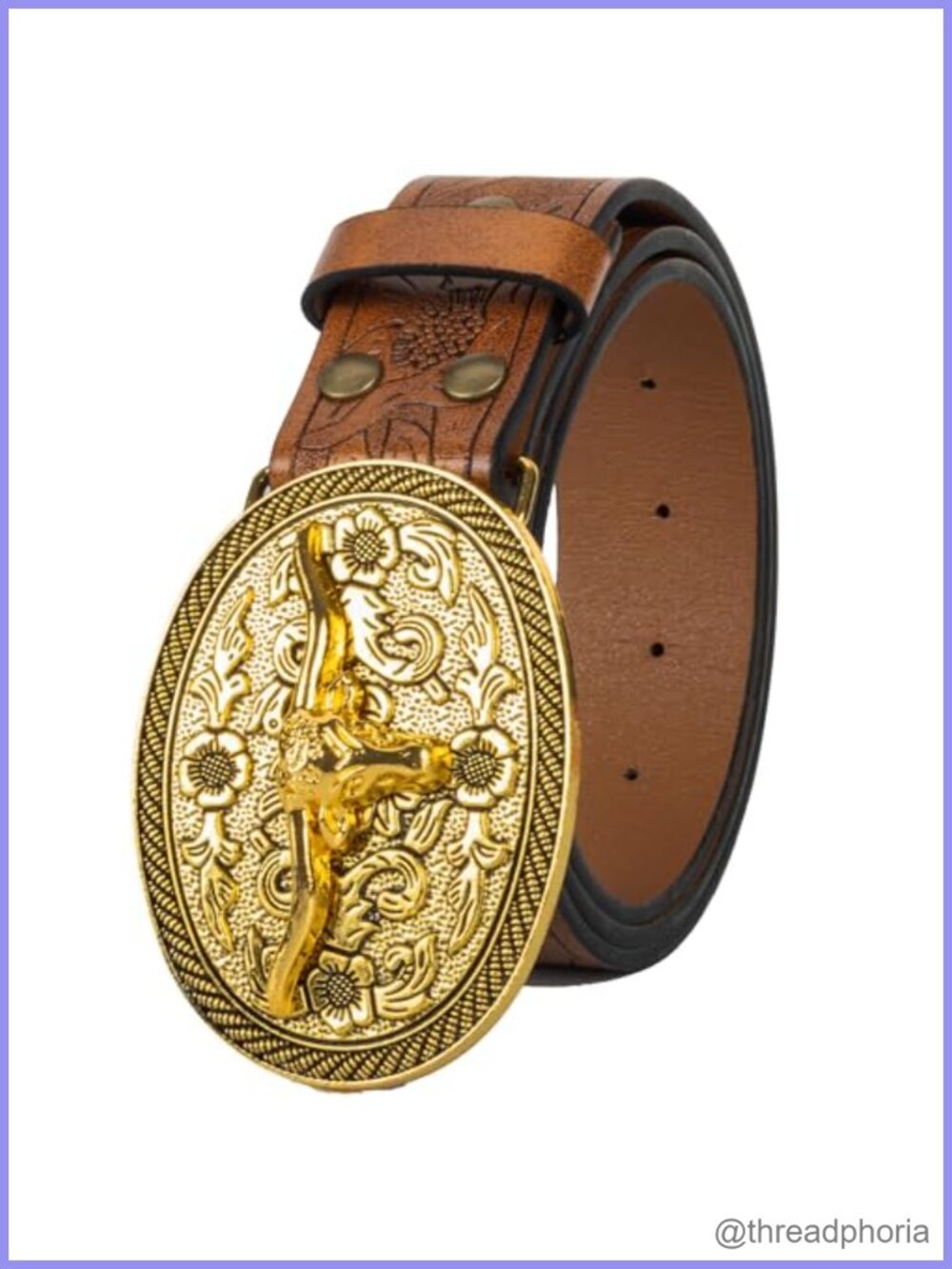 Mawjom Western PU Leather Belt Floral Engraved Bull Decor Jeans